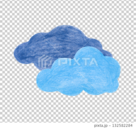 Two clouds, blue and dark blue, are hand-drawn. The pencil drawing is isolated on a white background. Clipart. 132582284
