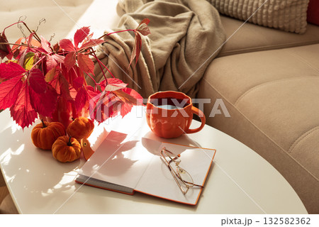 Cozy Autumn Living Room Scene with Mug, Notebook and Seasonal Decor under Sun Light Cozy Autumn Living Room Scene with Mug, Notebook and Seasonal Decor under Sun Light 132582362