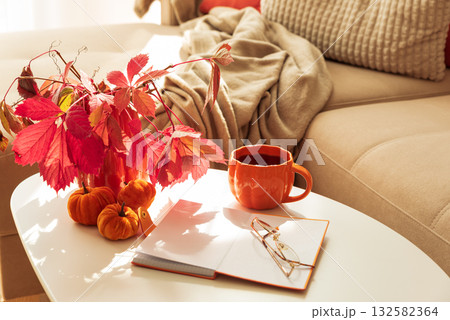 Cozy Autumn Living Room Scene with Mug, Notebook and Seasonal Decor under Sun Light Cozy Autumn Living Room Scene with Mug, Notebook and Seasonal Decor under Sun Light 132582364
