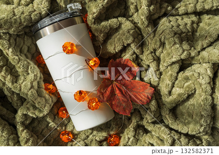 Festive Autumn Tumbler with Pumpkin Lights and Cozy Blanket Festive Autumn Tumbler with Pumpkin Lights and Cozy Blanket 132582371