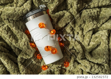 Festive Autumn Tumbler with Pumpkin Lights and Cozy Blanket Festive Autumn Tumbler with Pumpkin Lights and Cozy Blanket 132582372
