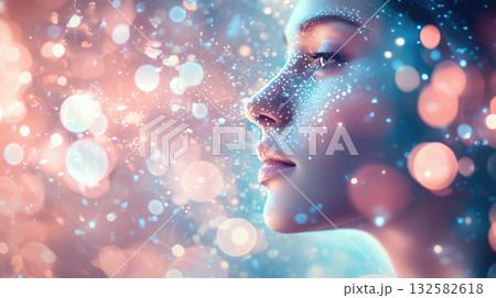Stunning profile portrait of a woman with digital effects in a vibrant, modern setting Stunning profile portrait of a woman with digital effects in a vibrant, modern setting 132582618