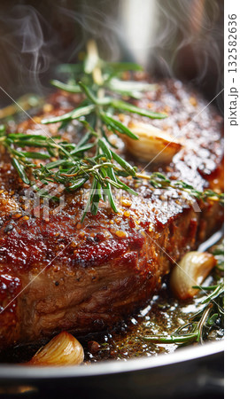 Succulent steak cooking in a skillet with fresh herbs 132582636