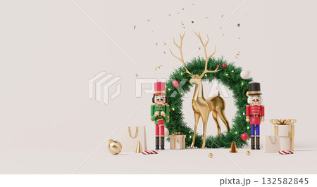 3D render, Golden reindeer and nutcracker soldiers with Christmas wreath and gifts on beige background 3D render, Golden reindeer and nutcracker soldiers with Christmas wreath and gifts on beige background 132582845
