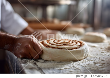 A bakery hand shapes cinnamon dough into swirls for baking. 132583722