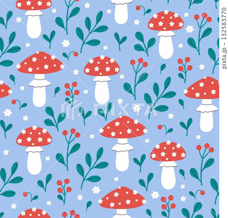 Seamless pattern of fly agarics, berries, and flowers on a blue background. Vector graphics Seamless pattern of fly agarics, berries, and flowers on a blue background. Vector graphics 132583770