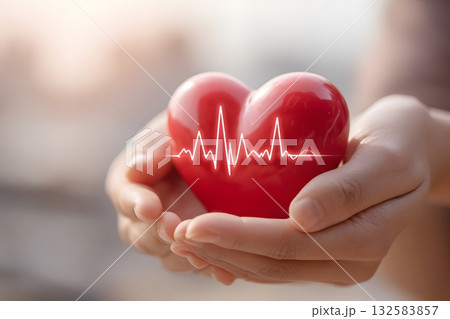 Heart symbol with heartbeat line held gently. Heart symbol with heartbeat line held gently. 132583857