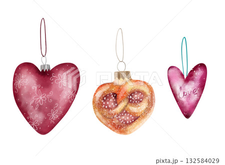 Watercolor illustration of Christmas tree decorations in the form of hearts and sweet buns. Glass heart, New Year. 132584029