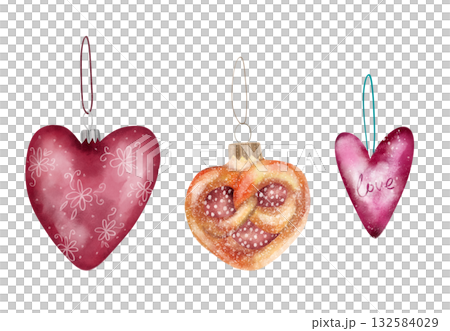 Watercolor illustration of Christmas tree decorations in the form of hearts and sweet buns. Glass heart, New Year. 132584029