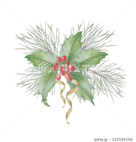 A set of watercolor Christmas ornaments featuring a fir tree, branches, and holly berries. Design elements. 132584166
