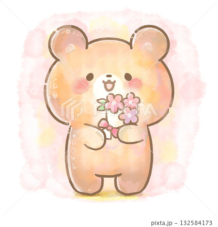 花束を持って笑顔のやさしいくまの水彩風イラスト/保育・子育て・子ども向け 花束を持って笑顔のやさしいくまの水彩風イラスト/保育・子育て・子ども向け 132584173