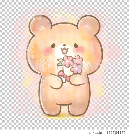 花束を持って笑顔のやさしいくまの水彩風イラスト/保育・子育て・子ども向け 花束を持って笑顔のやさしいくまの水彩風イラスト/保育・子育て・子ども向け 132584173