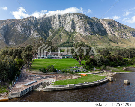Hermanus Klein River Lagoon, Kleinriversvlei, South Africa. Aerial drone photo.  132584295