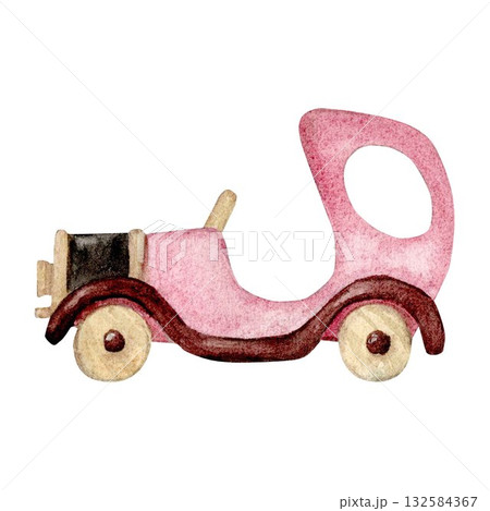 The car is a wooden toy painted by hand with watercolors on an isolated white background. It is suitable for creating compositions, landscapes, children's illustrations, postcards, gift packaging. 132584367