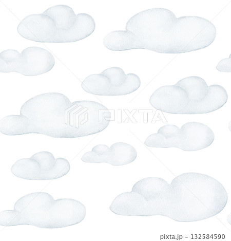 Soft Blue Clouds watercolor seamless pattern isolated. Sky print hand painted for nursery decor. Cloud pattern in pale blue tones. Repeat background for baby textile, nursery wallpaper and bedding. Soft Blue Clouds watercolor seamless pattern isolated. Sky print hand painted for nursery decor. Cloud pattern in pale blue tones. Repeat background for baby textile, nursery wallpaper and bedding. 132584590