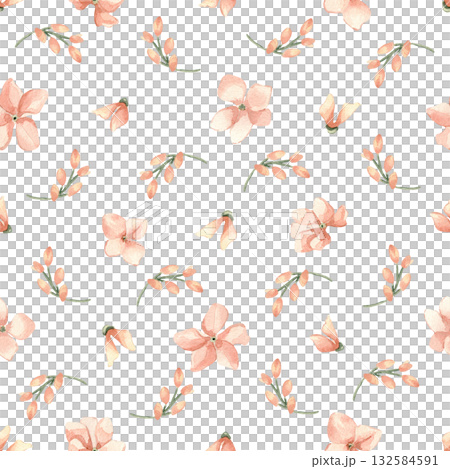 Pastel Pink Ditsy Print watercolor isolated. Seamless Sprig Pattern for Baby Textile and Nursery Fabric. Soft peach all over pattern with tiny flower buds and sprigs. Hand drawn ditsy print for baby. 132584591