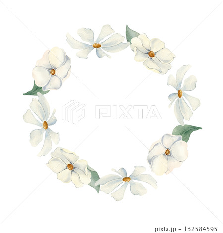 White Cosmos Floral Wreath watercolor isolated on. Round frame of hand painted white flowers with foliage. Monochrome botanical illustration for invitations, greeting cards and wedding stationary. White Cosmos Floral Wreath watercolor isolated on. Round frame of hand painted white flowers with foliage. Monochrome botanical illustration for invitations, greeting cards and wedding stationary. 132584595