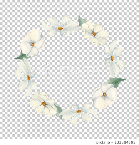 White Cosmos Floral Wreath watercolor isolated on. Round frame of hand painted white flowers with foliage. Monochrome botanical illustration for invitations, greeting cards and wedding stationary. White Cosmos Floral Wreath watercolor isolated on. Round frame of hand painted white flowers with foliage. Monochrome botanical illustration for invitations, greeting cards and wedding stationary. 132584595