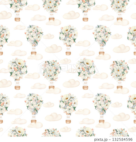 Pastel floral balloons on sky watercolor seamless pattern isolated on white. Flying hot air balloons of flowers and clouds hand painted. Repeat background for baby textile in beige palette. 132584596