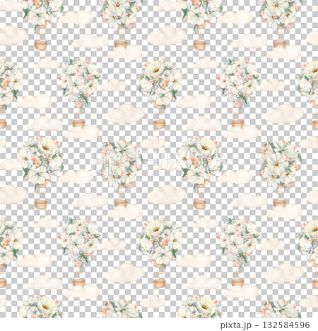 Pastel floral balloons on sky watercolor seamless pattern isolated on white. Flying hot air balloons of flowers and clouds hand painted. Repeat background for baby textile in beige palette. 132584596