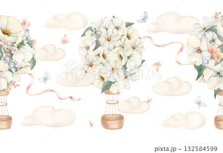 White Floral Hot Air Balloons Seamless Border isolated. Hand painted air ships of flowers with clouds, ribbons and butterflies in pastel colors. Watercolor repeat for nursery wall or baby textile. 132584599