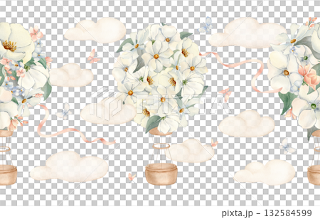 White Floral Hot Air Balloons Seamless Border isolated. Hand painted air ships of flowers with clouds, ribbons and butterflies in pastel colors. Watercolor repeat for nursery wall or baby textile. White Floral Hot Air Balloons Seamless Border isolated. Hand painted air ships of flowers with clouds, ribbons and butterflies in pastel colors. Watercolor repeat for nursery wall or baby textile. 132584599