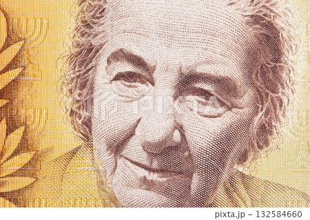 Golda Meir a closeup portrait from Israeli money Golda Meir a closeup portrait from Israeli money 132584660