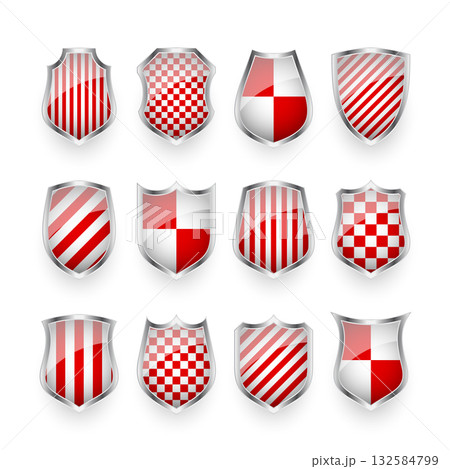 Glossy shields with red and black white. Security and protection concept. Cyber safety icons, internet privacy, web defense, digital data protection and antivirus themes. Vector illustration Glossy shields with red and black white. Security and protection concept. Cyber safety icons, internet privacy, web defense, digital data protection and antivirus themes. Vector illustration 132584799