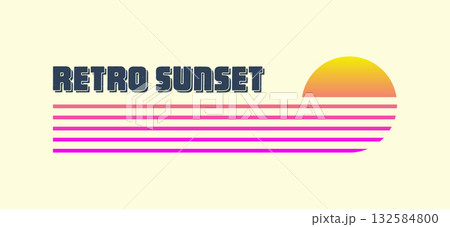 Vintage colorful sunset. Various gradient striped sunrise badges in 80s and 90s style. Sun and ocean view, summer vibes, surfing. Design element for print, logo or t-shirt. Vector illustration Vintage colorful sunset. Various gradient striped sunrise badges in 80s and 90s style. Sun and ocean view, summer vibes, surfing. Design element for print, logo or t-shirt. Vector illustration 132584800