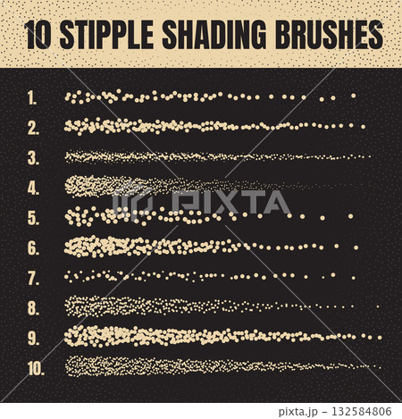 Ink scatter brush, stipple drawing and texturing. Fading gradient. Stippling, dotwork drawing, shading using dots. Halftone disintegration effect. White noise grainy texture. Vector illustration 132584806