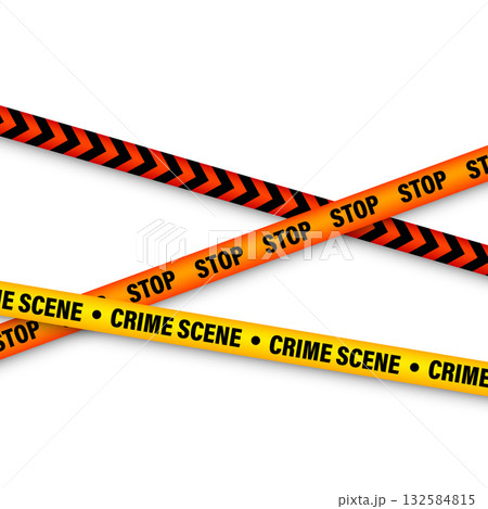 Barricade construction tape. Colorful police warning line, brightly colored danger or hazard stripe, ribbon. Restricted area, zone. Attention symbol. Vector illustration 132584815