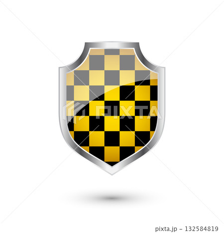 Glossy shield with yellow and black pattern. Security and protection concept. Cyber safety icons, internet privacy, web defense, digital data protection and antivirus themes. Vector illustration 132584819