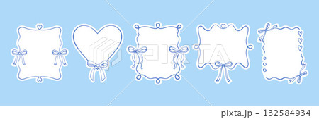 Vintage frames with blue whimsical hand drawn bows, ribbons in coquette doodle style. Vector elegant line art minimalist borders for invitation, greeting cards. Vector illustration on blue. Vintage frames with blue whimsical hand drawn bows, ribbons in coquette doodle style. Vector elegant line art minimalist borders for invitation, greeting cards. Vector illustration on blue. 132584934