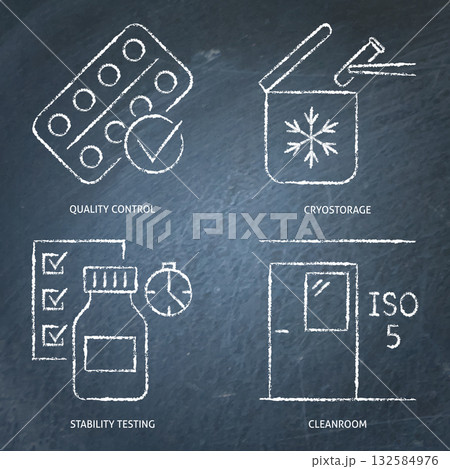 Quality control and standards chalkboard icon set 132584976