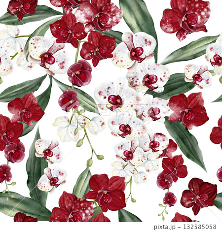 Beautiful seamless pattern with red and white flowers and green leaves of orchids. 132585058