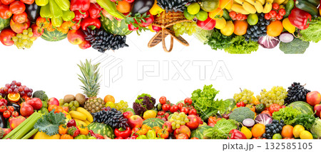 Frame of Colorful Fruits Vegetables and Berries Isolated on White Background with Copy Space Frame of Colorful Fruits Vegetables and Berries Isolated on White Background with Copy Space 132585105