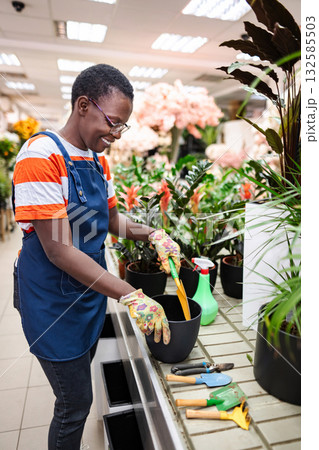 Florist taking care of plants in a flower shop Florist taking care of plants in a flower shop 132585503