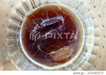 Coffee in a glass cup on a wooden table, close-up 132585573