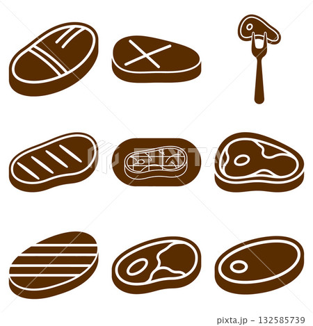 Stylized flat icons depicting various cuts of grilled meat steaks and one piece on a fork 132585739