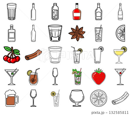 A collection of outline and filled icons featuring assorted drinks, cocktail ingredients, and various glass types 132585811