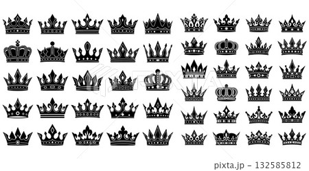 A collection of royal crowns and tiaras with various detailed embellishments, suitable for luxury branding elements 132585812