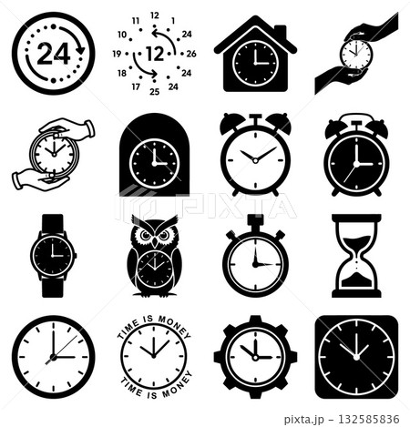 A comprehensive set of time and clock related icons including various watches and hourglass symbols A comprehensive set of time and clock related icons including various watches and hourglass symbols 132585836