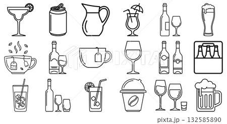 Assortment of beverage icons featuring various drinks like wine, coffee, cocktails, and beer 132585890