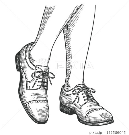 Detailed engraving style illustration showcasing human legs wearing classic brogue leather dress shoes with laces 132586045