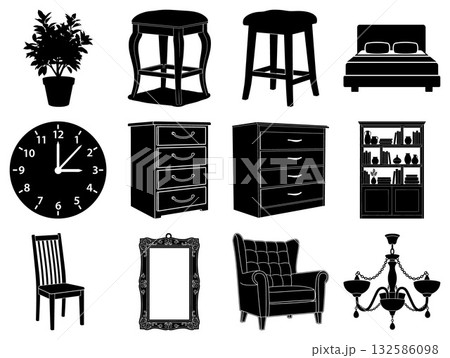 Essential domestic furniture and home decor item silhouettes for interior planning or architectural layout designs 132586098