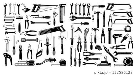 Extensive set of essential carpentry and mechanical tools for DIY projects and professional trades 132586128