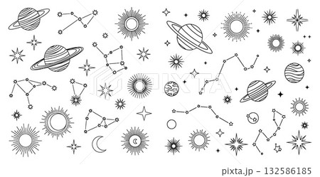 Line art space elements including planets, stars, constellations, and suns in outline style Line art space elements including planets, stars, constellations, and suns in outline style 132586185