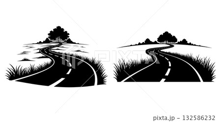 Winding road through landscape with trees silhouette design element set 132586232