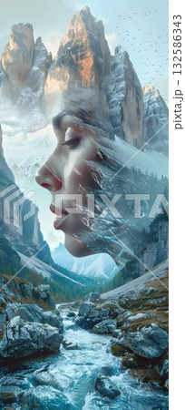 Cinematic double exposure: a serene female profile merges with dramatic mountain peaks, mossy rocks and a silky alpine creek. Subtle fog, muted colors and fine textures create a surreal, meditative co Cinematic double exposure: a serene female profile merges with dramatic mountain peaks, mossy rocks and a silky alpine creek. Subtle fog, muted colors and fine textures create a surreal, meditative co 132586343
