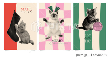 Christmas trendy whimsical art collage greeting banner templates set. Funny vintage halftone cut out cats in antlers, with Christmas stocking, and xmas tree bauble. Retro grunge mixed media vector 132586389